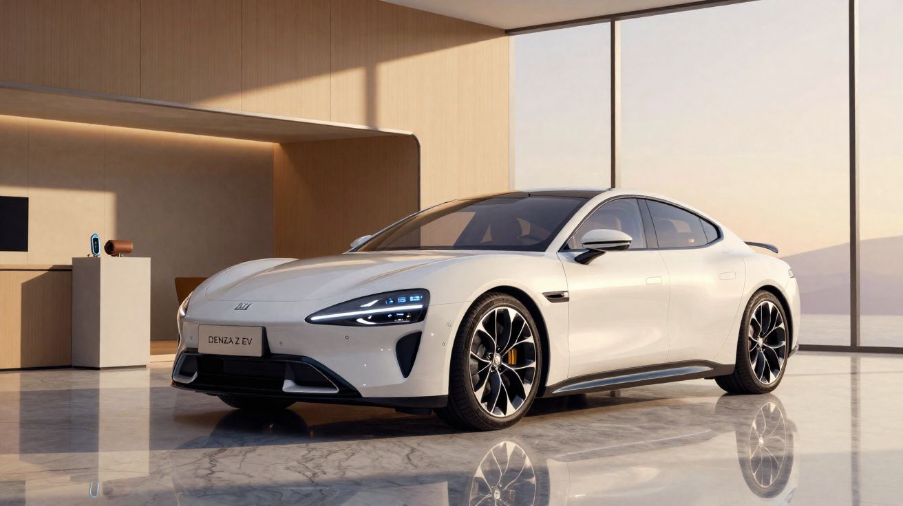 Carro eléctrico branco Denza Z EV estacionado em espaço interior moderno com luz natural.