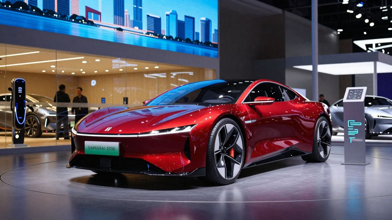 Carro elétrico desportivo vermelho exposto num salão automóvel moderno com ecrã digital ao fundo.