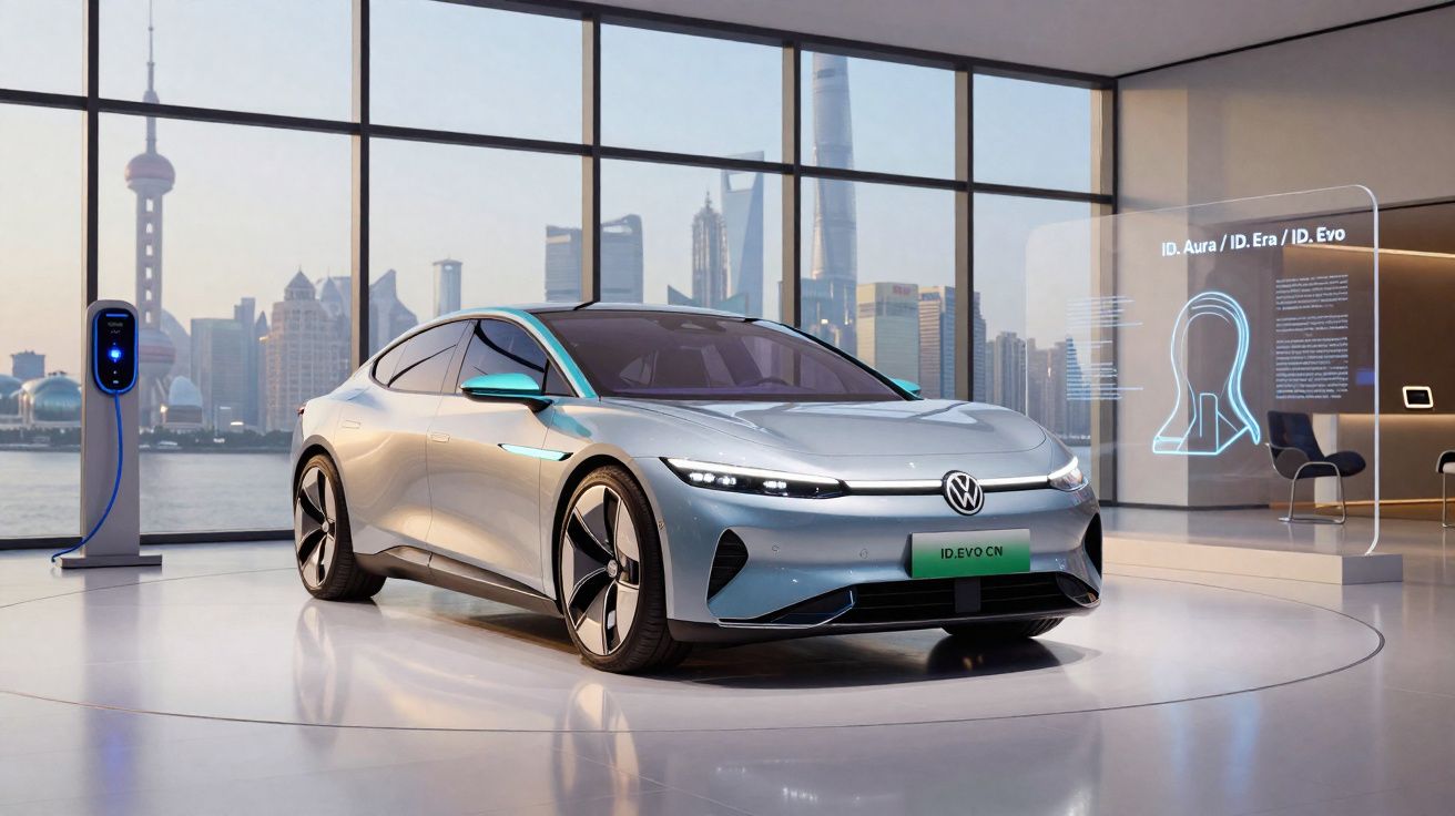 Carro elétrico prateado Volkswagen ID.EVO CN em exibição interior, com painel de carregamento e vista urbana ao fundo.