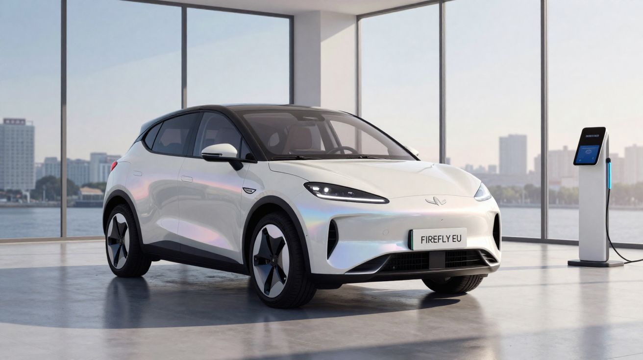 Carro elétrico branco moderno estacionado junto a posto de carregamento em ambiente minimalista com janelas grandes.