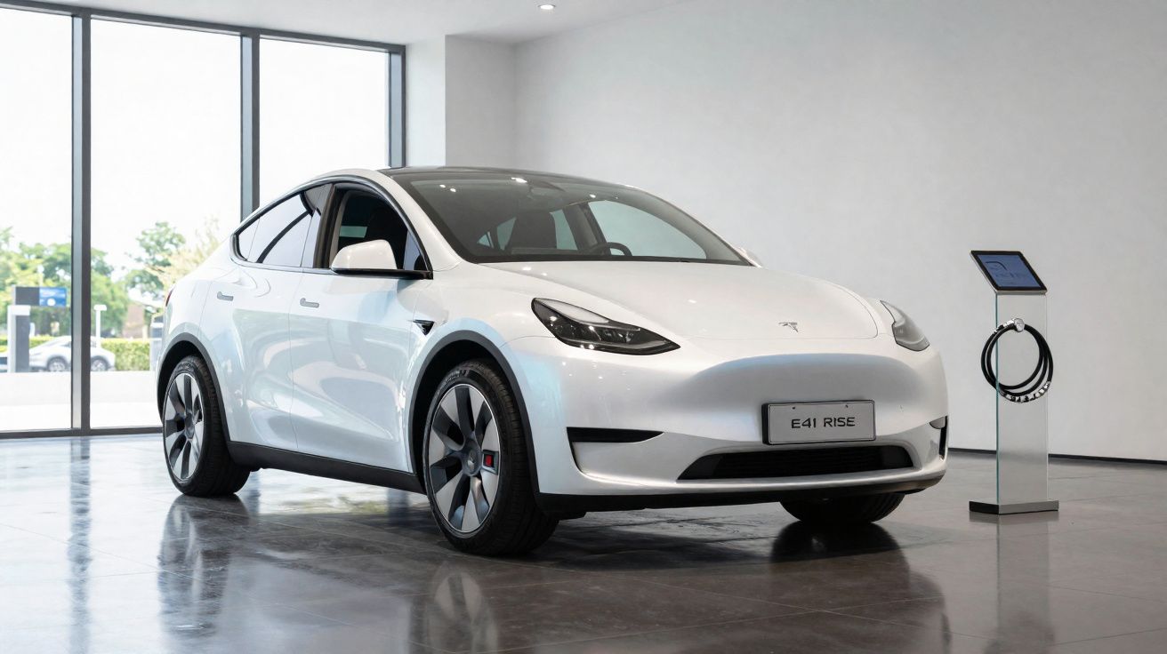Carro elétrico branco Tesla Model Y estacionado em interior com estação de carregamento ao lado.
