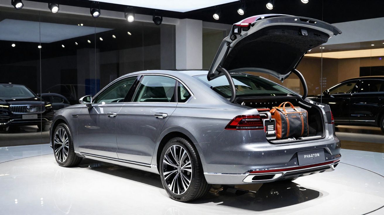 Carro cinzento com porta da mala aberta exibindo bolsa de viagem num salão automóvel.