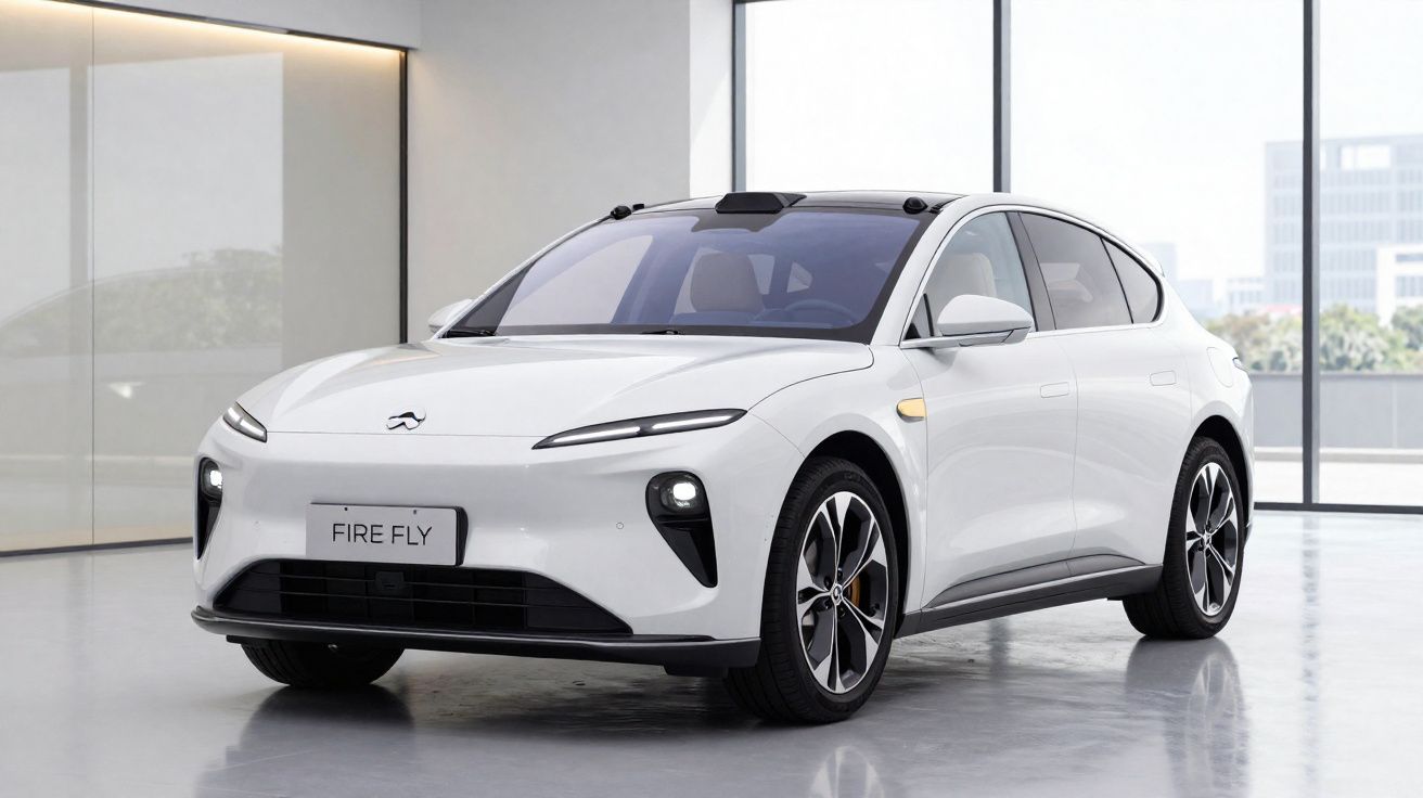 Carro elétrico branco Fire Fly estacionado em interior com janelas grandes e chão refletor.