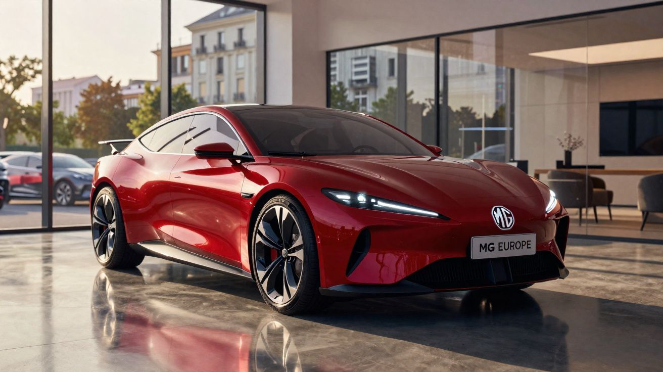 Carro desportivo elétrico vermelho MG Europe em exposição numa garagem moderna com grandes janelas.