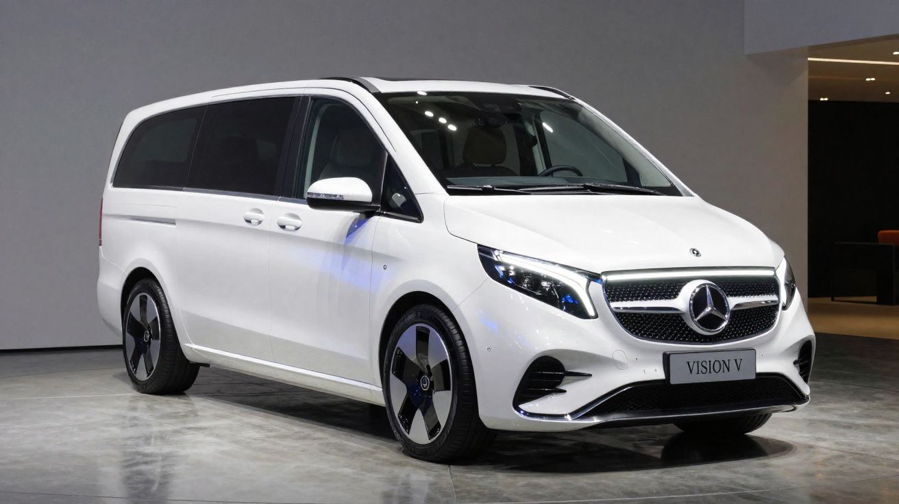 Mercedes-Benz Vision V branco estacionado em espaço interior, vista frontal ligeiramente lateral direita.