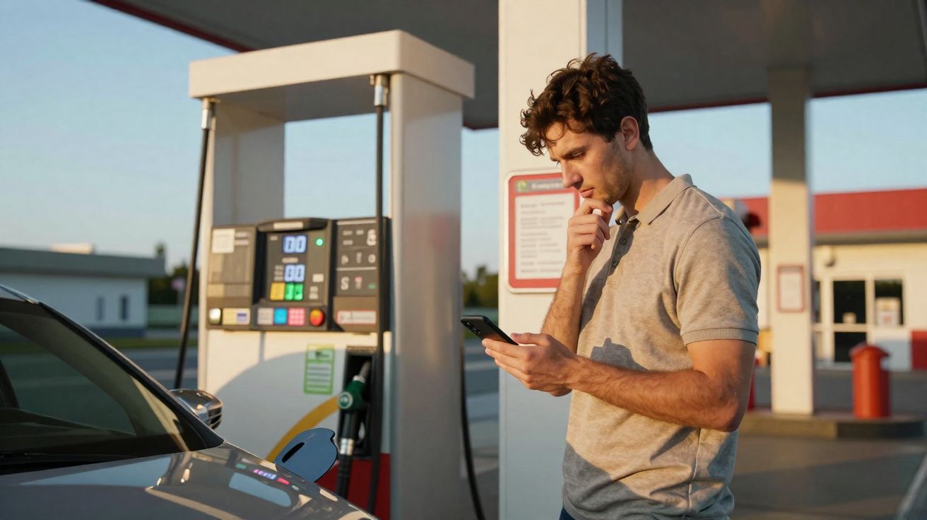 Homem a olhar para o telemóvel junto a bomba de combustível numa estação de serviço ao pôr do sol.