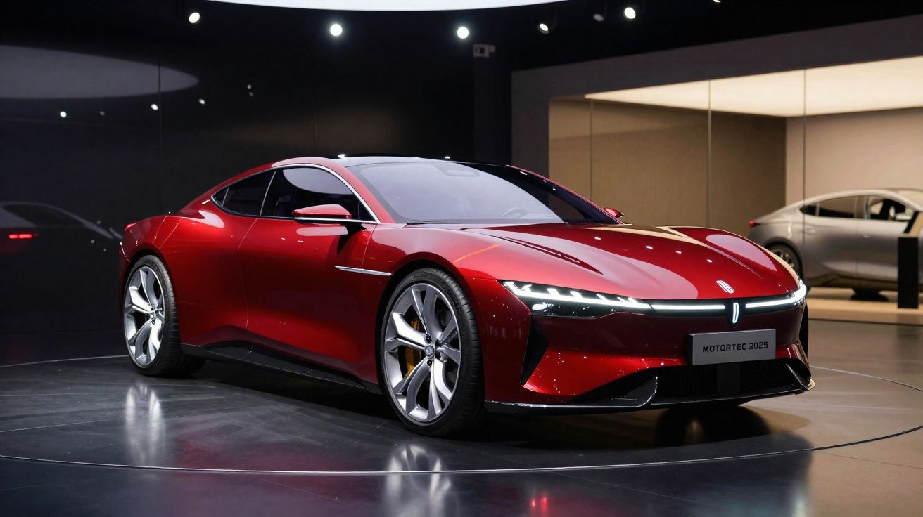 Carro desportivo vermelho brilhante exposto numa sala moderna com iluminação suave.