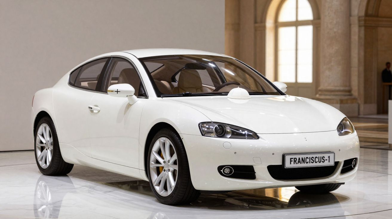 Carro desportivo branco elegante com placa personalizada "FRANCISCUS-1" em espaço interior luminoso e sofisticado.