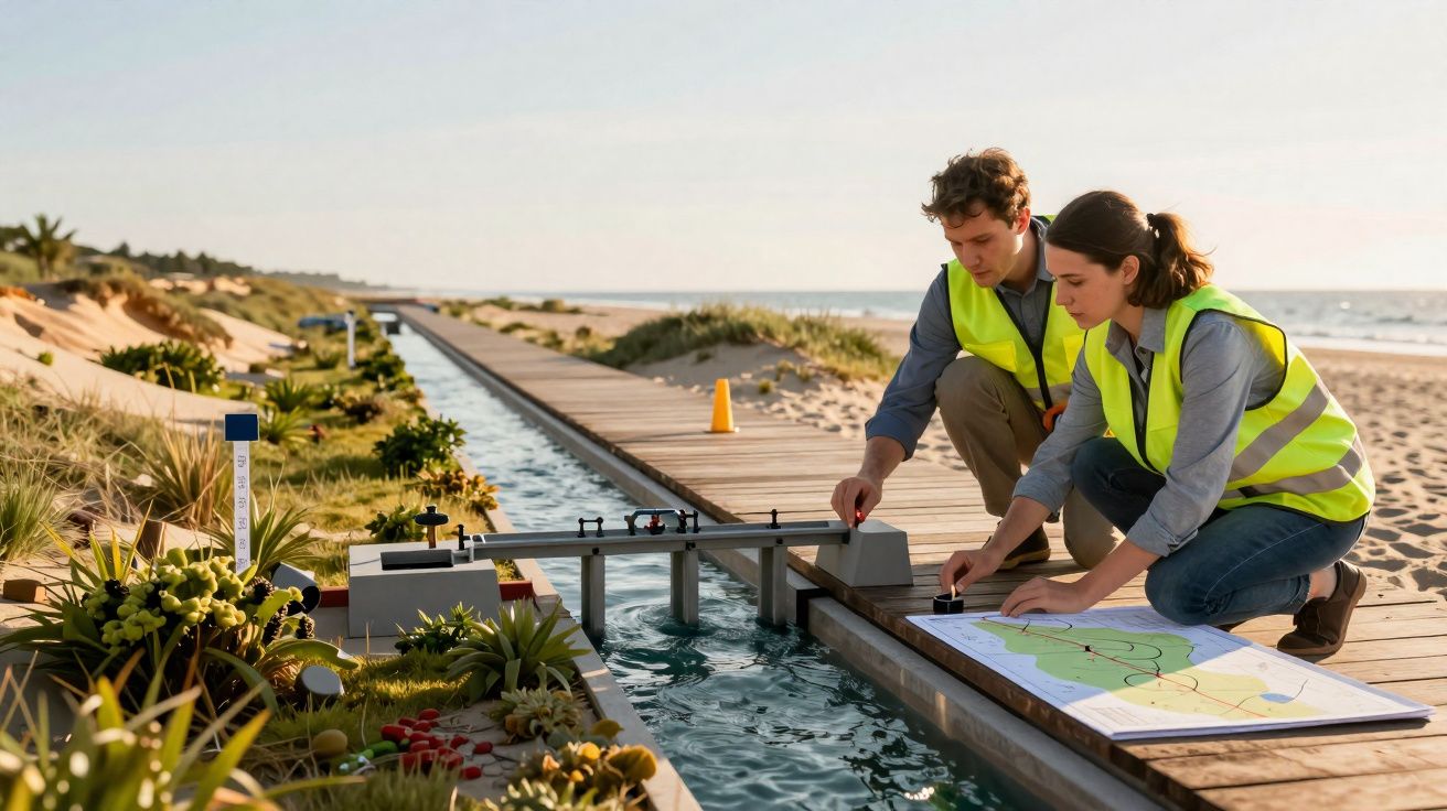 Dois engenheiros em coletes refletores analisam modelo de sistema hidráulico numa praia com mapa detalhado.