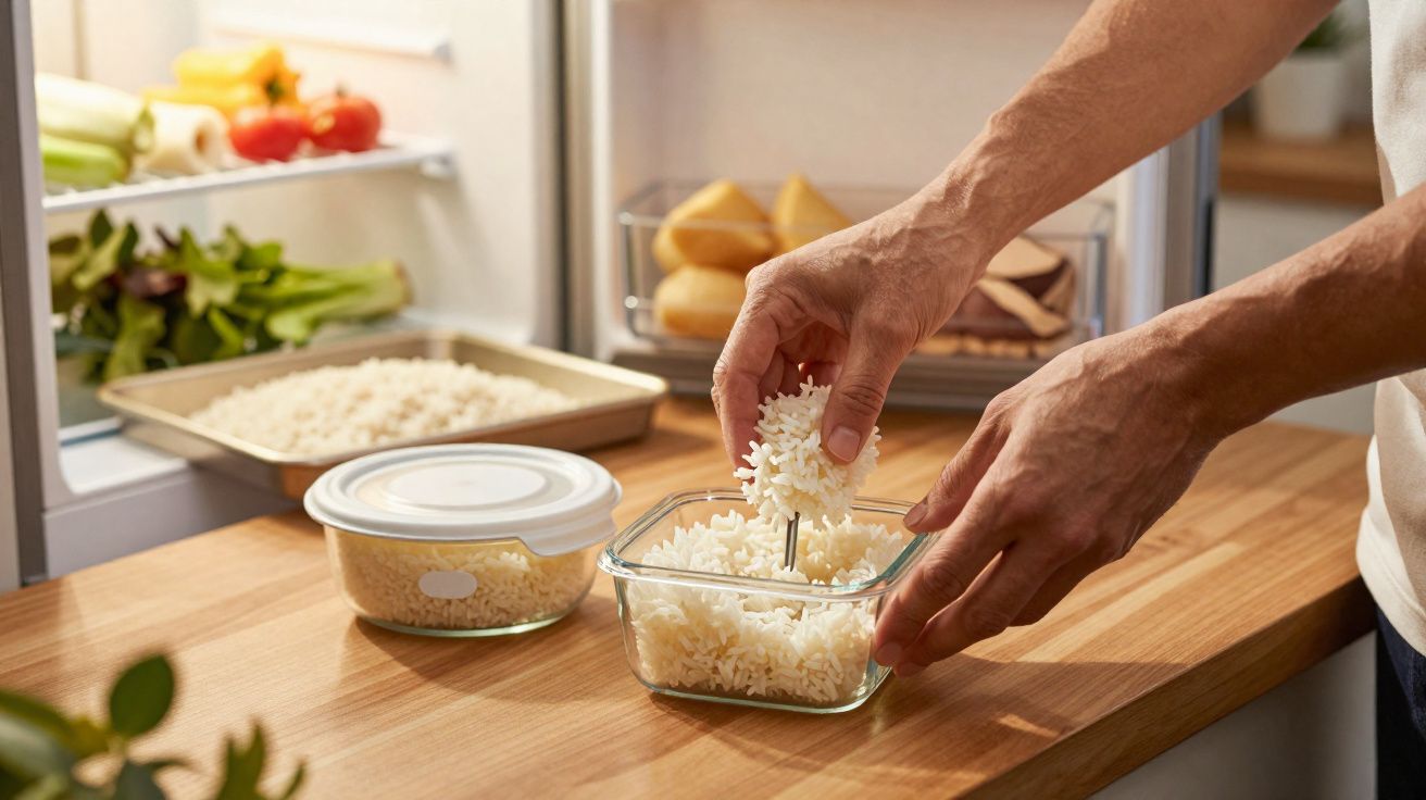 Pessoa a colocar arroz cozido em recipiente de vidro numa cozinha organizada.