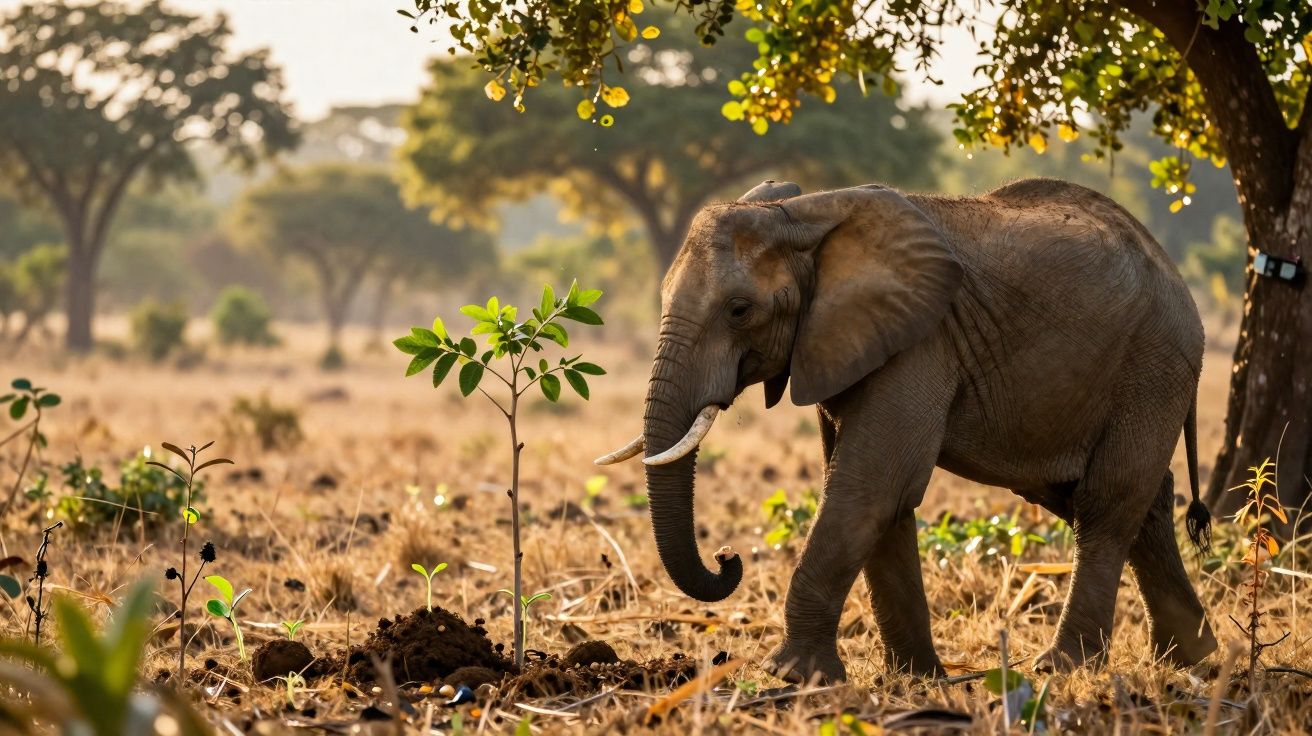 Elefante jovem a caminhar numa savana seca com árvores ao fundo e luz suave do sol.