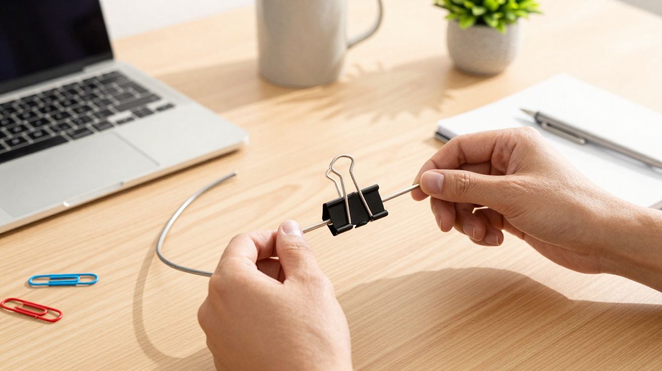 Mãos a prender clipe de papel grande num arame num escritório com computador portátil e planta.