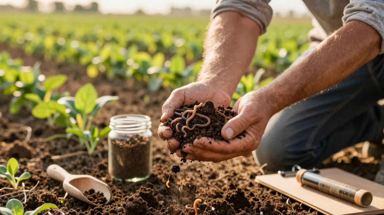 Mãos seguram terra com minhocas num campo de cultivo, com jarro de terra e ferramentas ao lado.