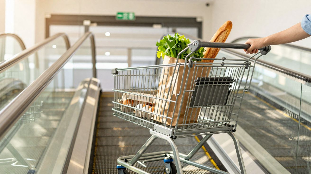 Carrinho de compras com pão, ovos e legumes a ser empurrado numa passadeira rolante no supermercado.