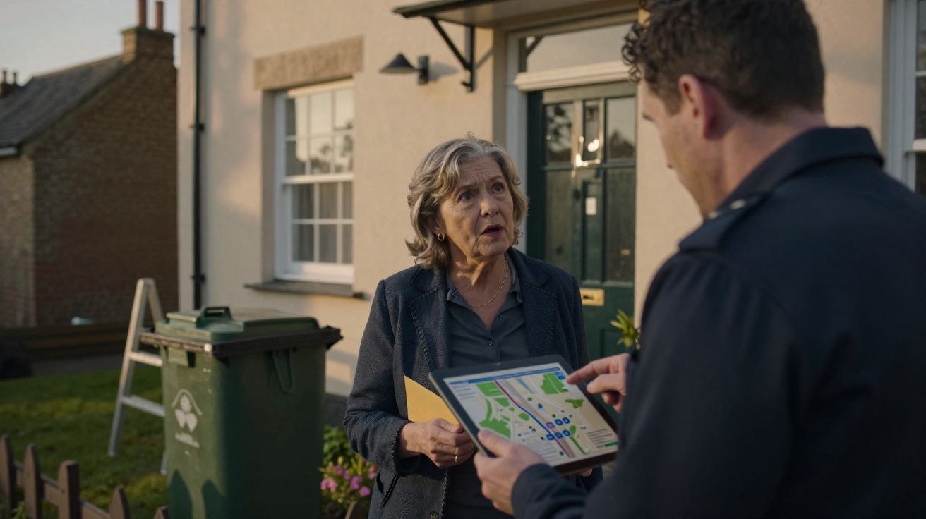 Senhora idosa surpreendida conversa com homem que mostra mapa digital numa casa residencial.