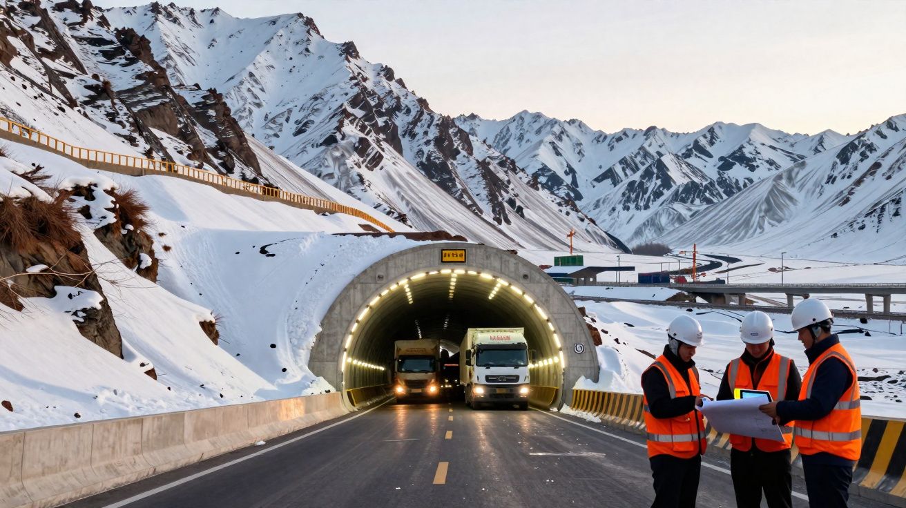 Túnel rodoviário iluminado com dois camiões a sair e três trabalhadores com coletes e capacetes a analisar plantas.
