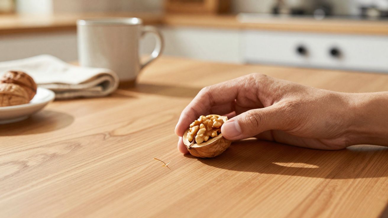 Mão segurando meio fruto seco de noz partido sobre mesa de madeira com chávena e prato ao fundo.