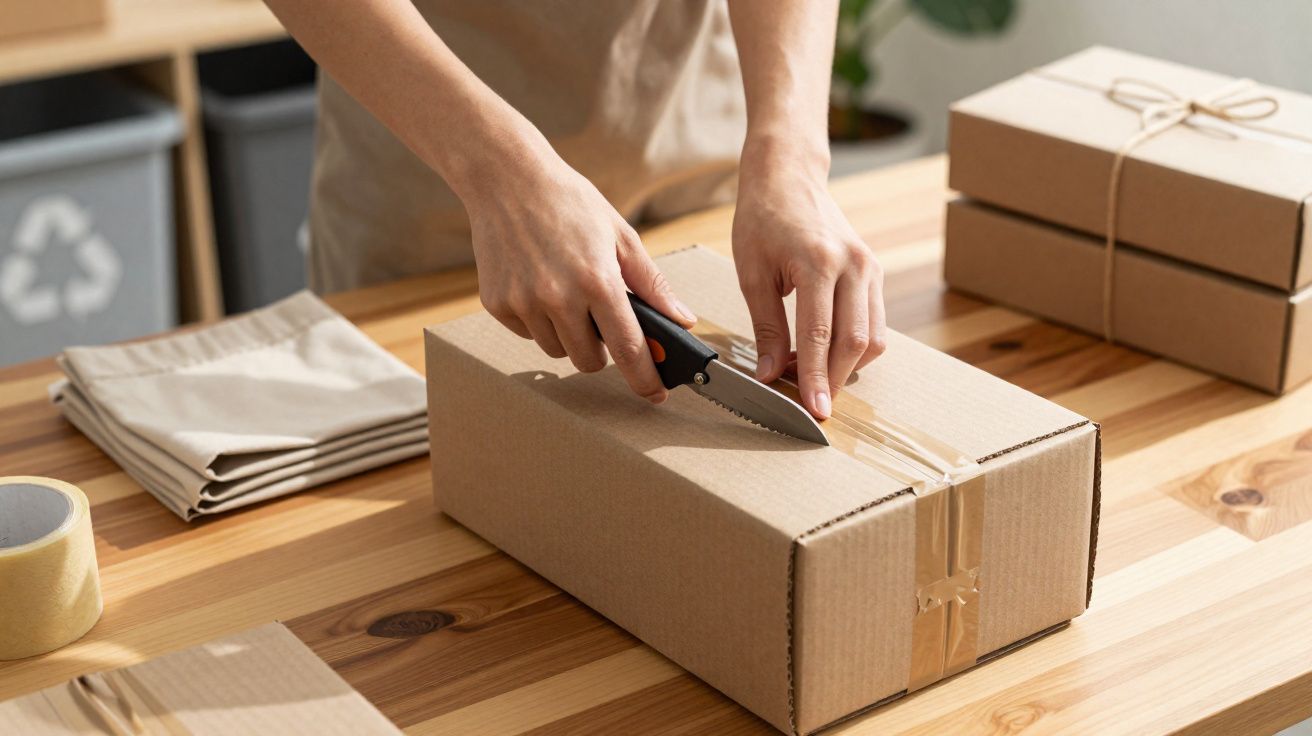 Mãos a cortar fita adesiva para abrir uma caixa de cartão numa mesa com mais caixas e material de embrulho.