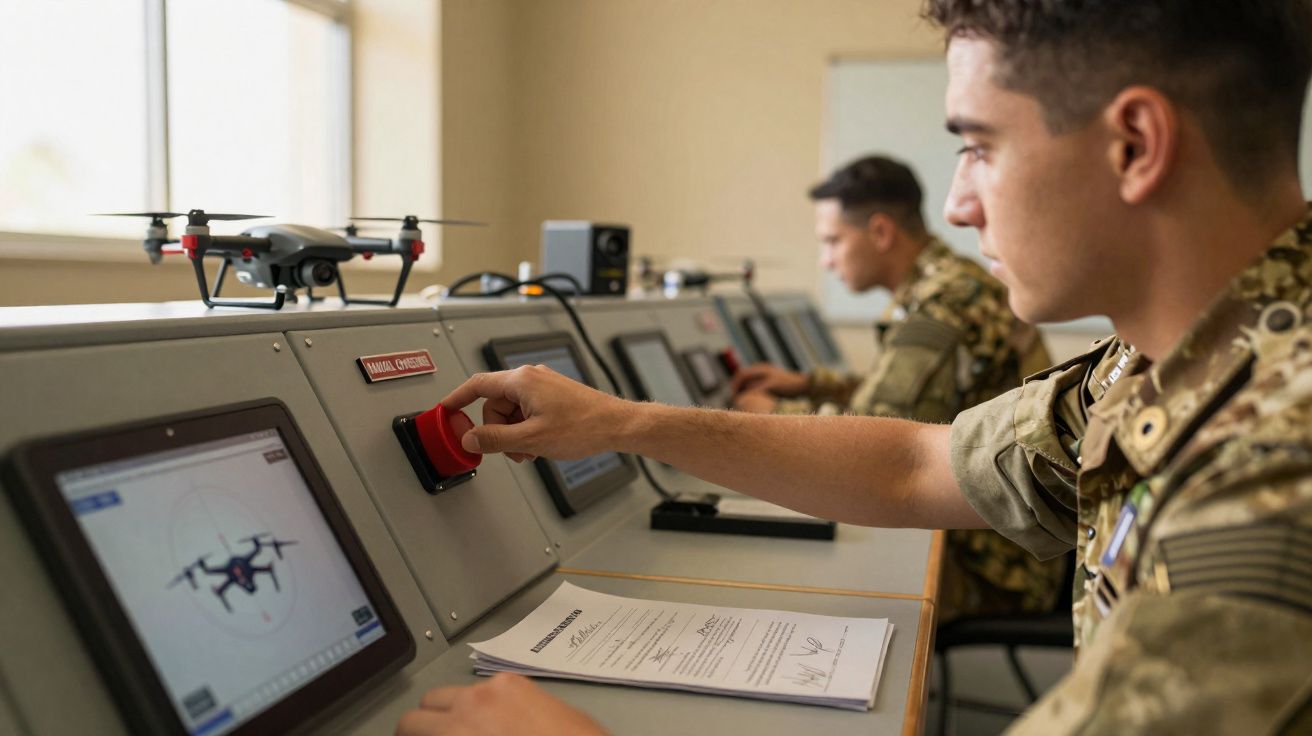 Militar em uniforme opera sistema de controlo remoto para drone numa sala de comando.