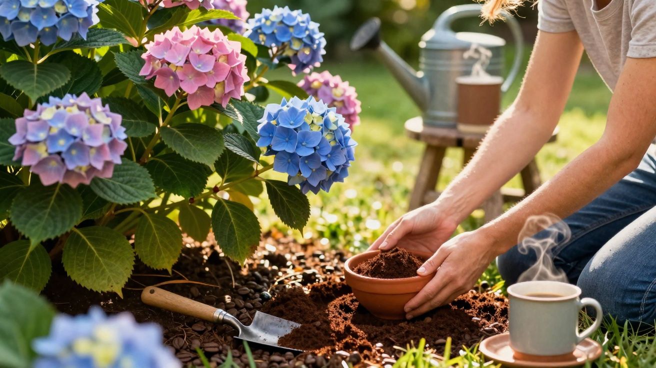 Pessoa a preparar vaso com terra junto a hortênsias coloridas num jardim ao ar livre.