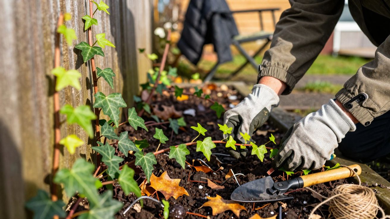 Pessoa a plantar plantas de hera num canteiro junto a uma vedação de madeira, com luvas de jardinagem.