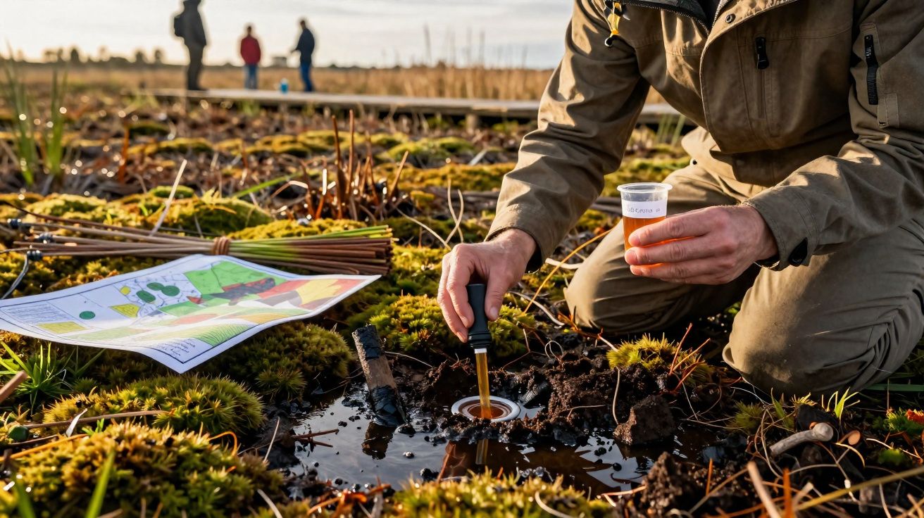 Pessoa a recolher amostras de água num ambiente natural húmido, com plantas e mapa ao lado, ao pôr do sol.