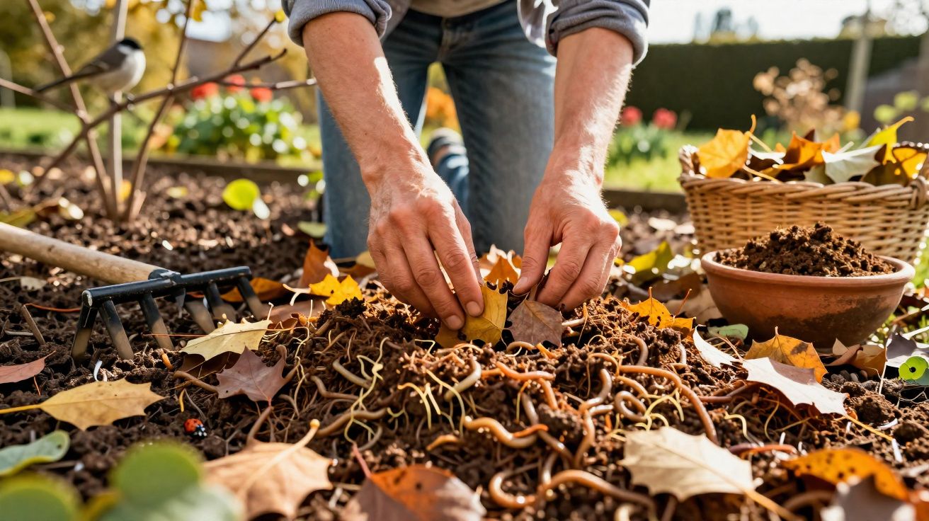 Pessoa a mexer terra com minhocas e folhas caídas num jardim ao ar livre.