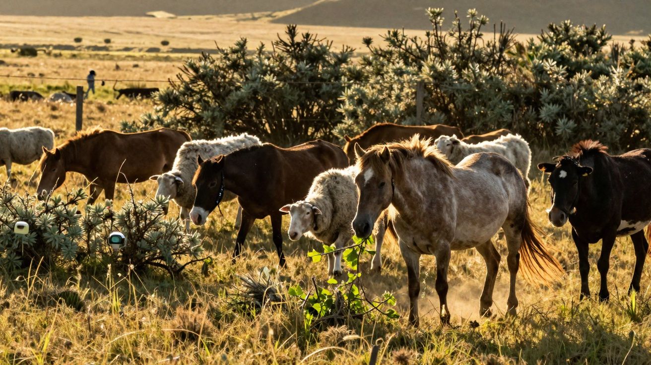 Grupo de cavalos e ovelhas a pastar num campo com vegetação e luz do pôr do sol.