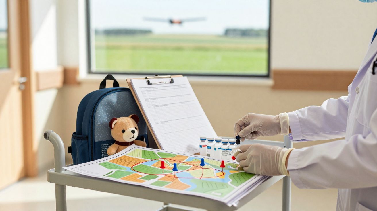 Profissional de saúde com luvas manipula amostras junto a mapa com marcas, mochila com ursinho e avião ao fundo.