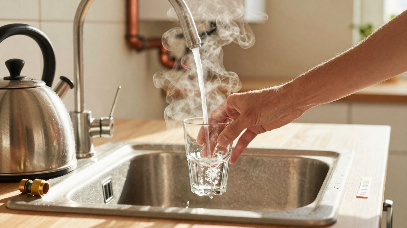Mão a encher copo com água muito quente da torneira, com vapor visível na cozinha.