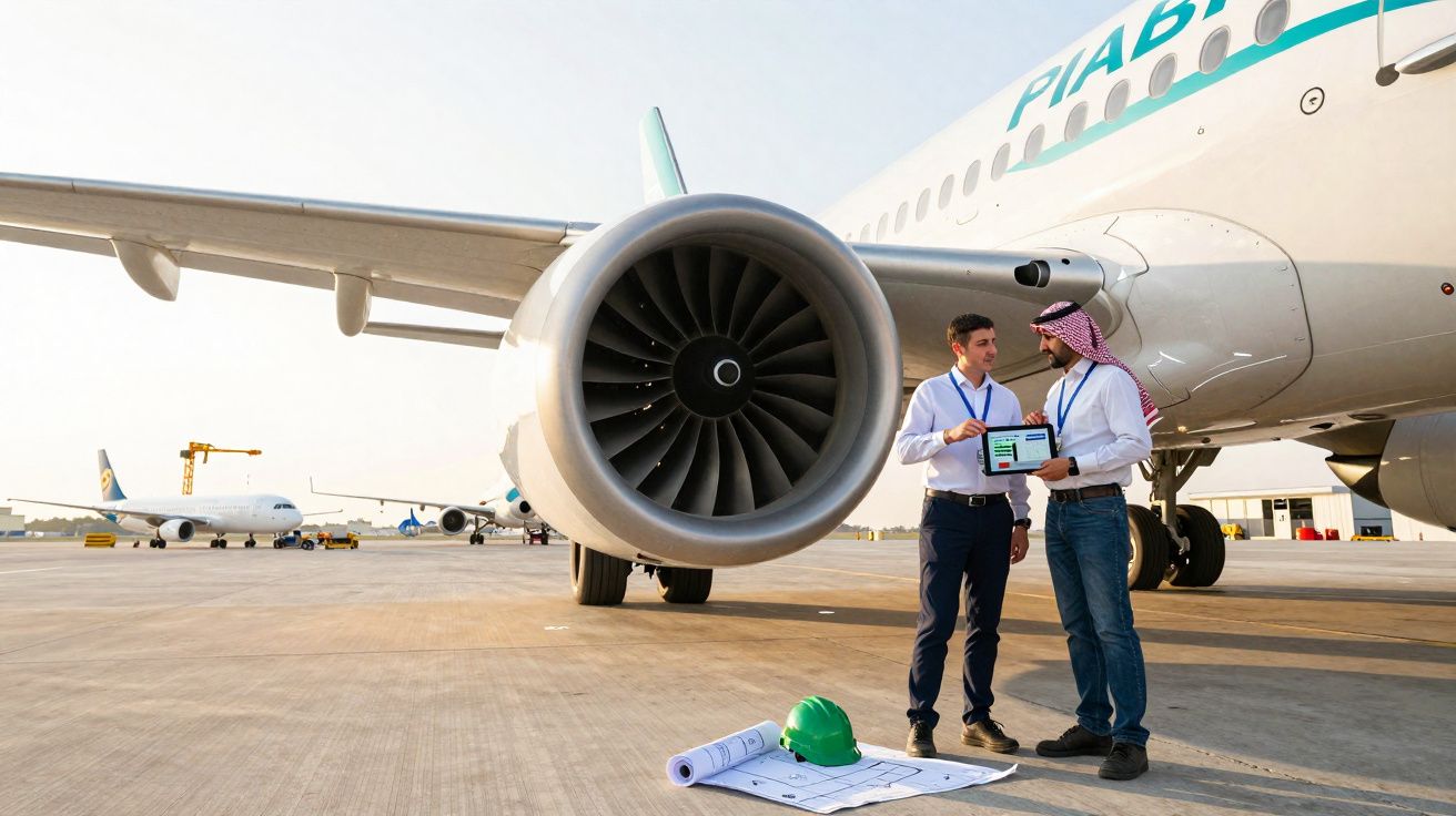 Dois engenheiros a analisar dados num tablet junto a motor de avião no pátio aeroportuário com capacete e planos no chão.