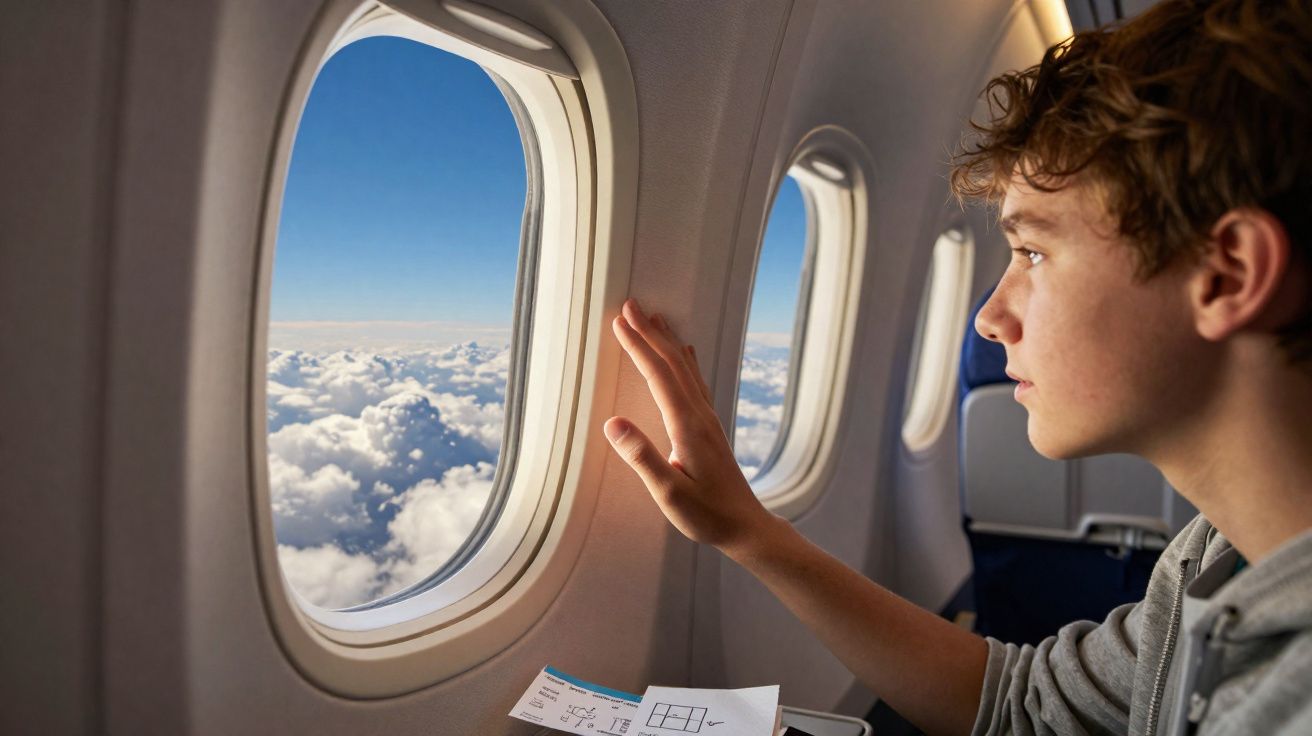 Jovem dentro de avião a olhar pela janela para o céu azul com nuvens brancas.