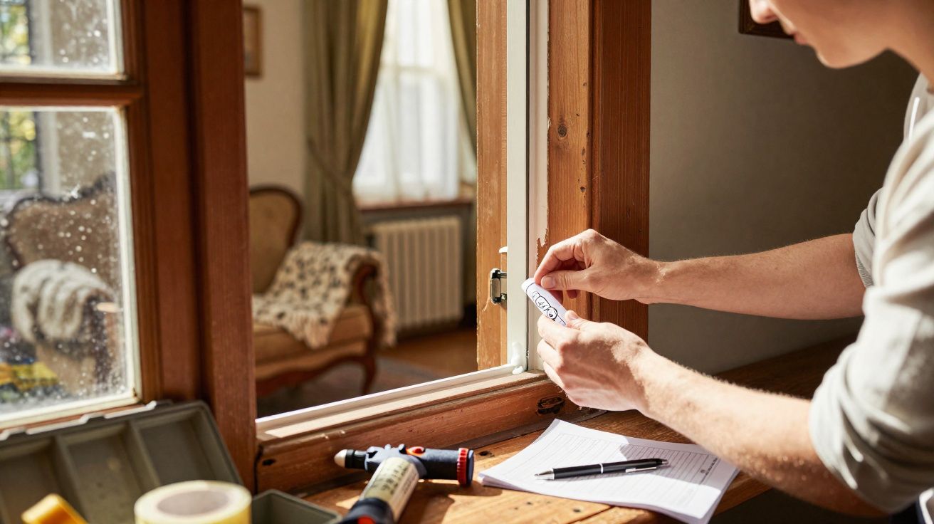 Pessoa a instalar vedante na janela de madeira com ferramentas e bloco de notas na mesa.