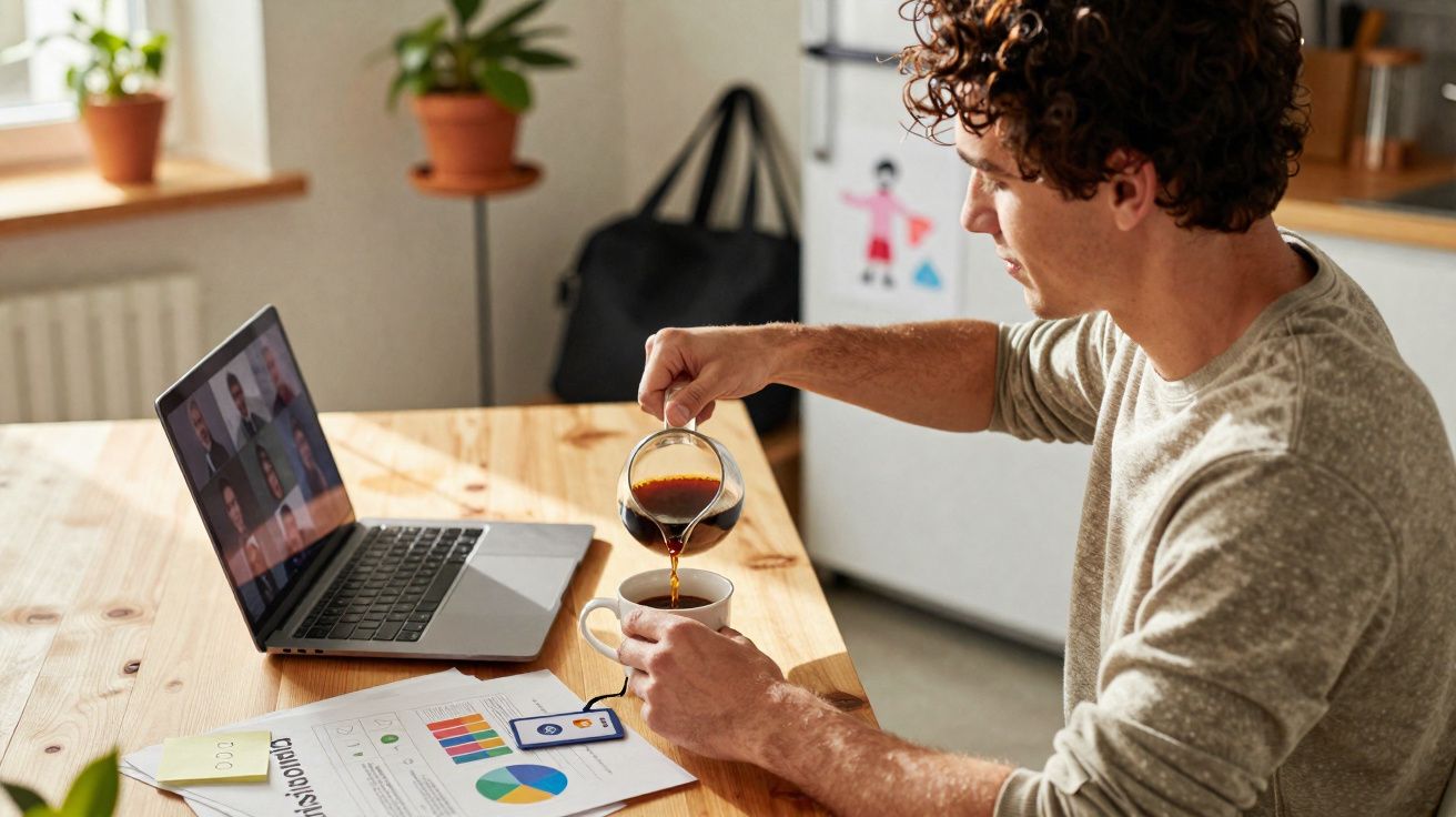 Homem a ver videoconferência no computador enquanto serve café numa caneca na cozinha.
