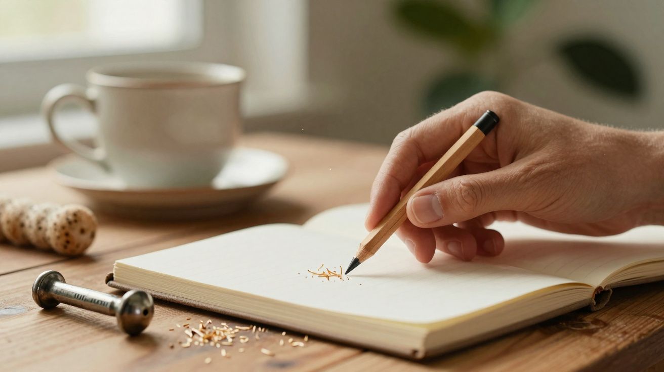 Mão a escrever com lápis num caderno aberto sobre mesa, com chávena e rolo de cortiça ao fundo.