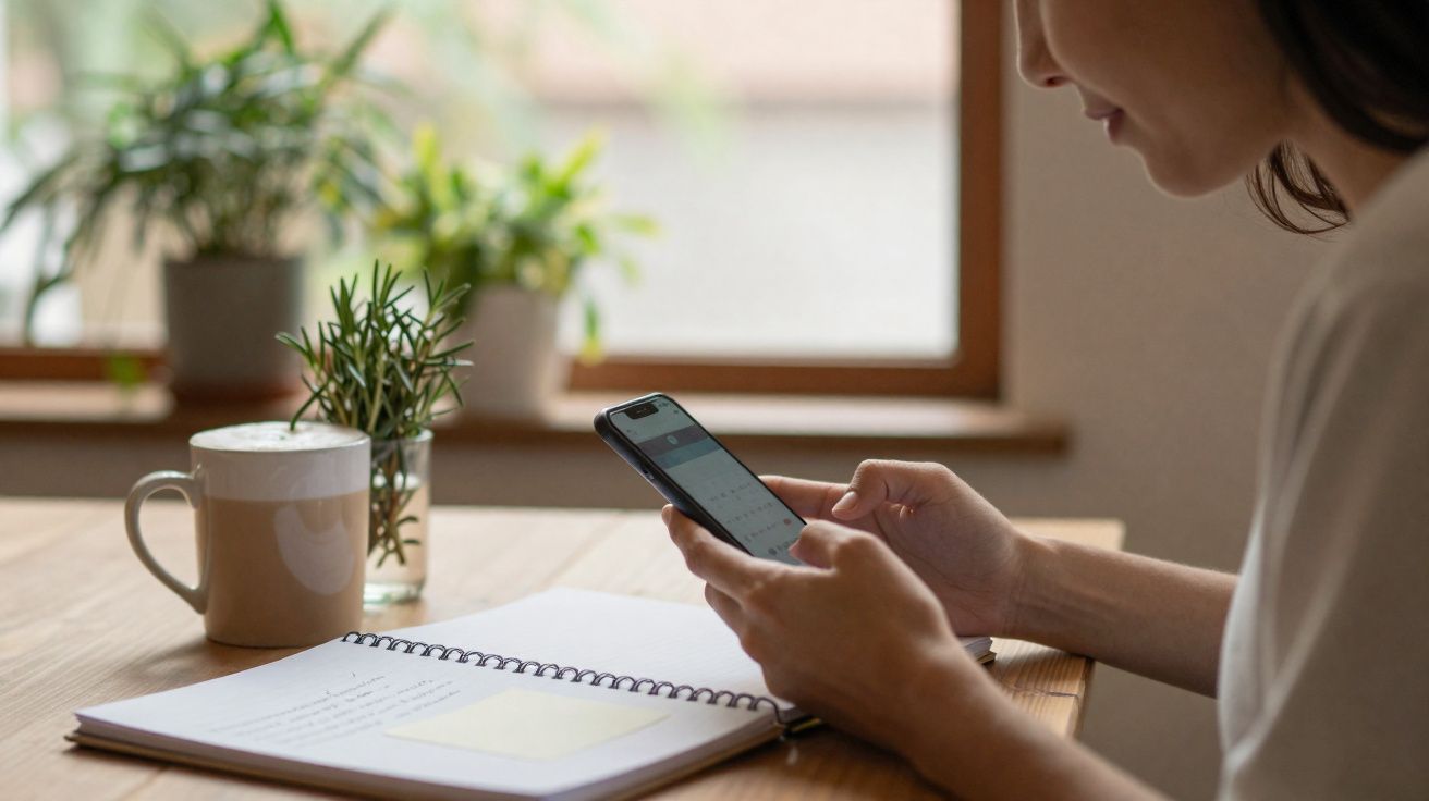 Pessoa a usar telemóvel junto a caderno, caneca e vasos com plantas numa mesa perto de uma janela.