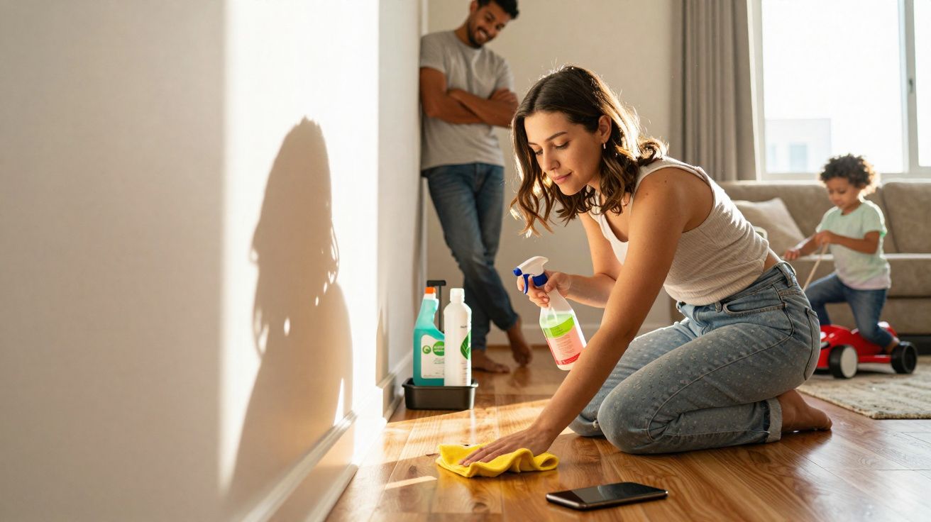 Mulher a limpar o chão da sala com produtos de limpeza, criança a brincar e homem a observar.