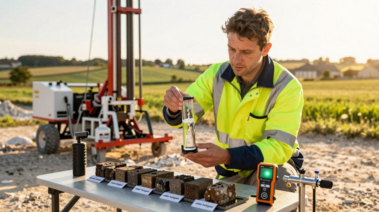 Homem com colete refletor analisa amostras de solo em cubos, numa mesa, com equipamento de perfuração ao fundo.