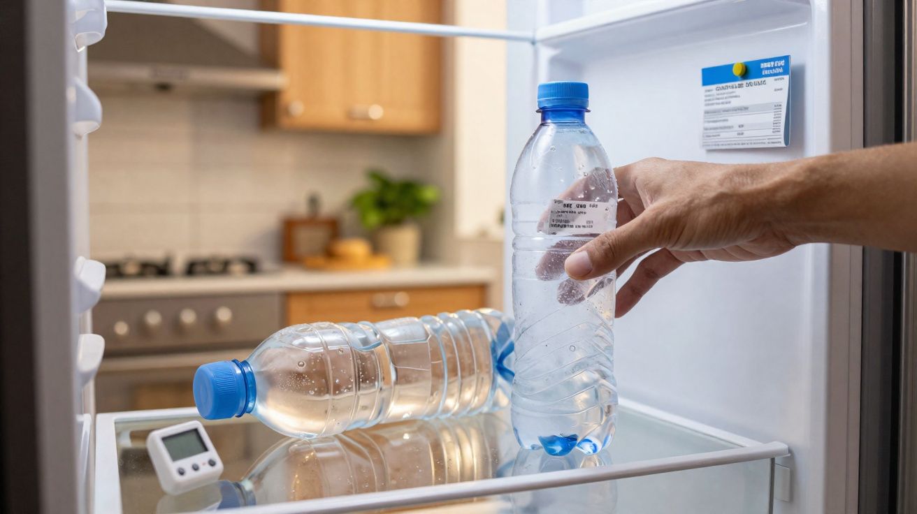 Mão a retirar garrafa de água de plástico de um frigorífico doméstico com outra garrafa no interior.