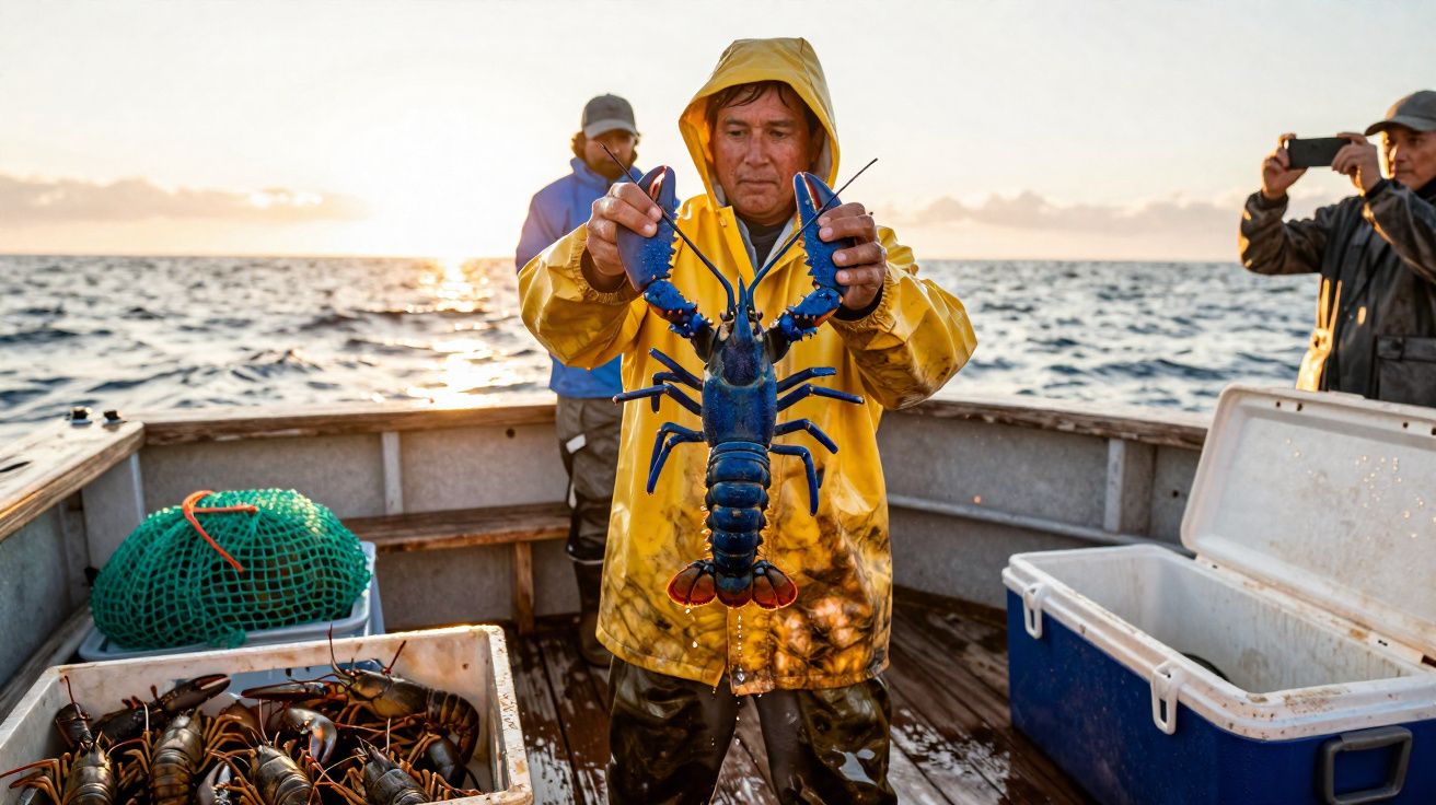 Pescador em fato amarelo segurando uma lagosta azul num barco com outros pescadores no mar ao pôr do sol.