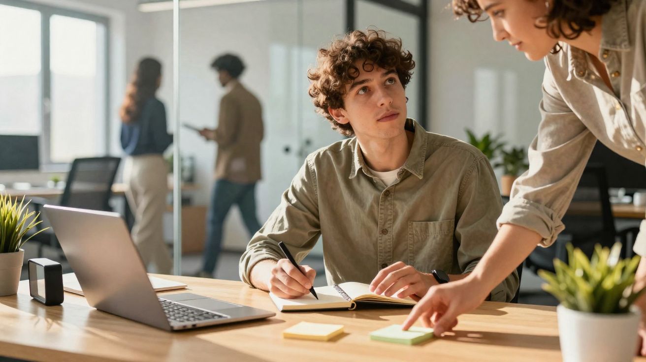 Dois colegas discutem ideias com computador portátil numa secretária, enquanto outros trabalham ao fundo num escritório.