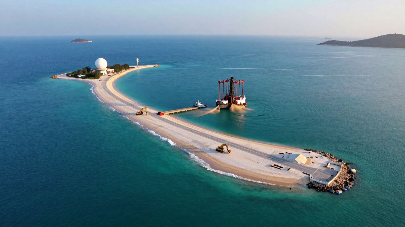 Vista aérea de ilha pequena com construção, equipamentos de maquinário e navios em mar azul calmo.