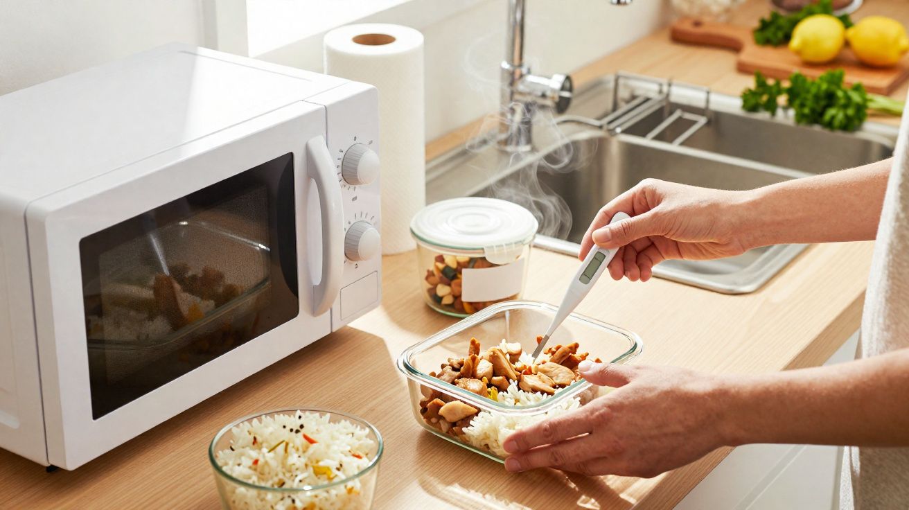 Pessoa a medir a temperatura de comida quente num recipiente de vidro na cozinha junto a um micro-ondas branco.