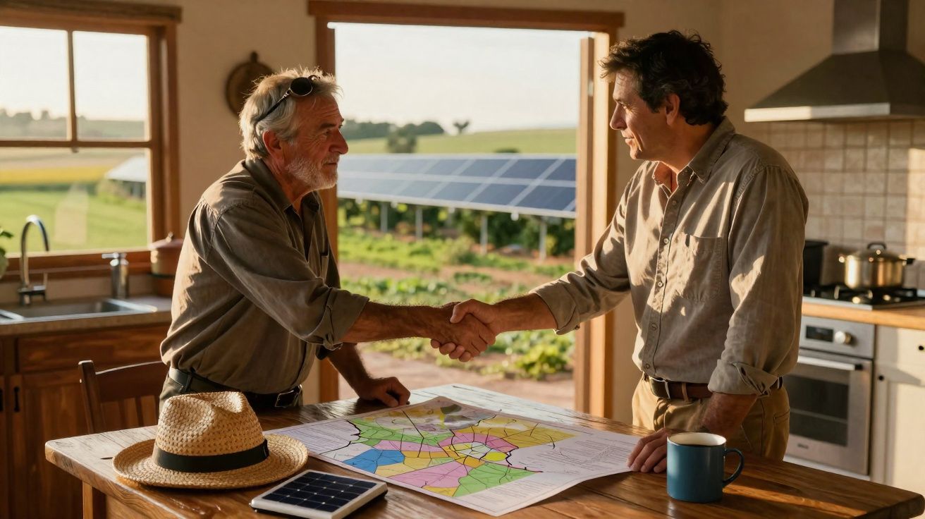 Dois homens apertam as mãos numa cozinha com um mapa na mesa e painéis solares visíveis pela janela.
