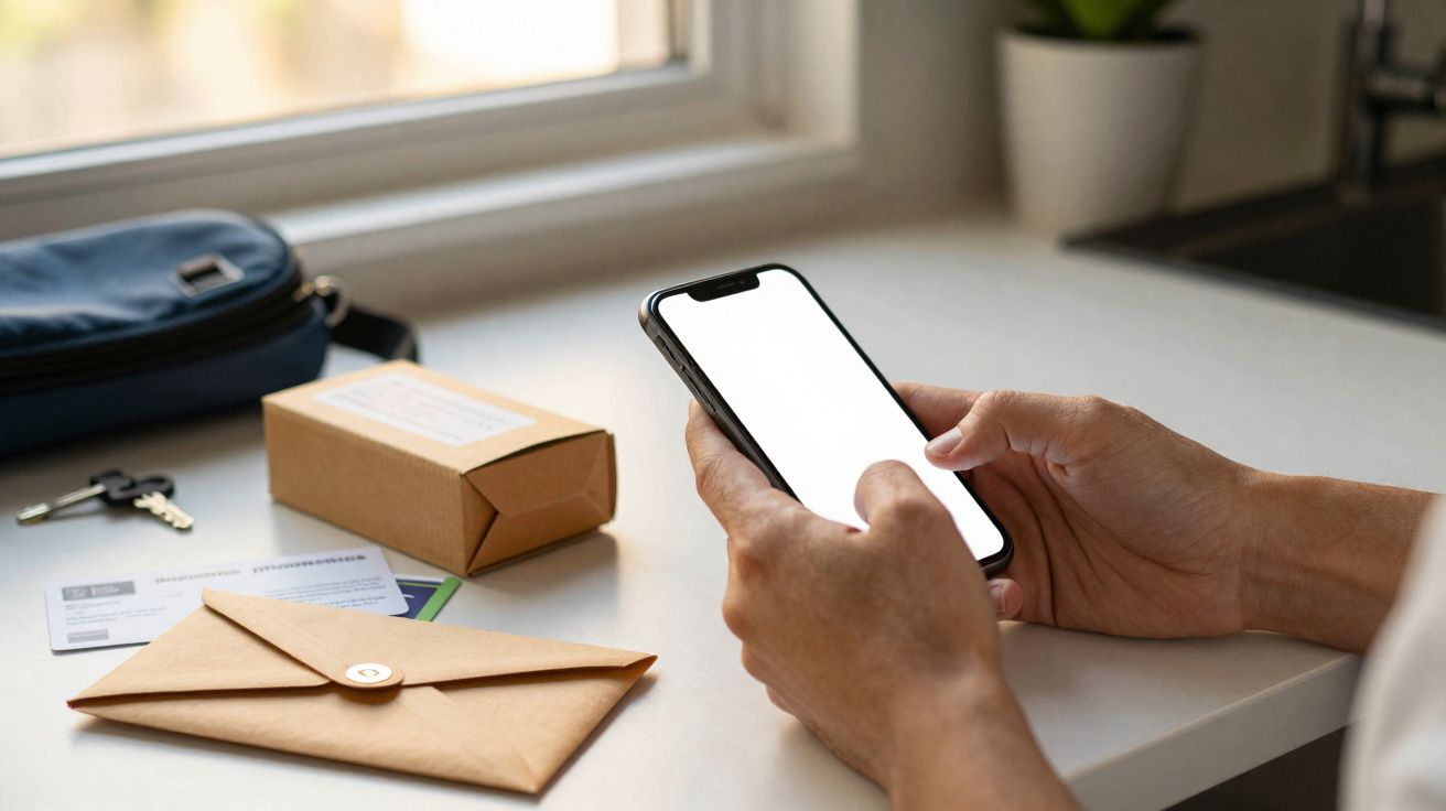 Pessoa a segurar um telemóvel com ecrã branco junto a envelope, pacote e chaves numa mesa junto à janela.