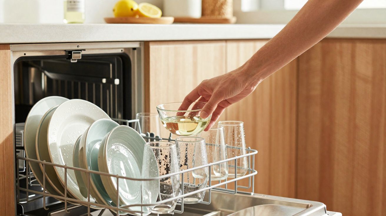 Mão a colocar tigela num lava-loiça cheio de pratos e copos limpos numa cozinha moderna de madeira.