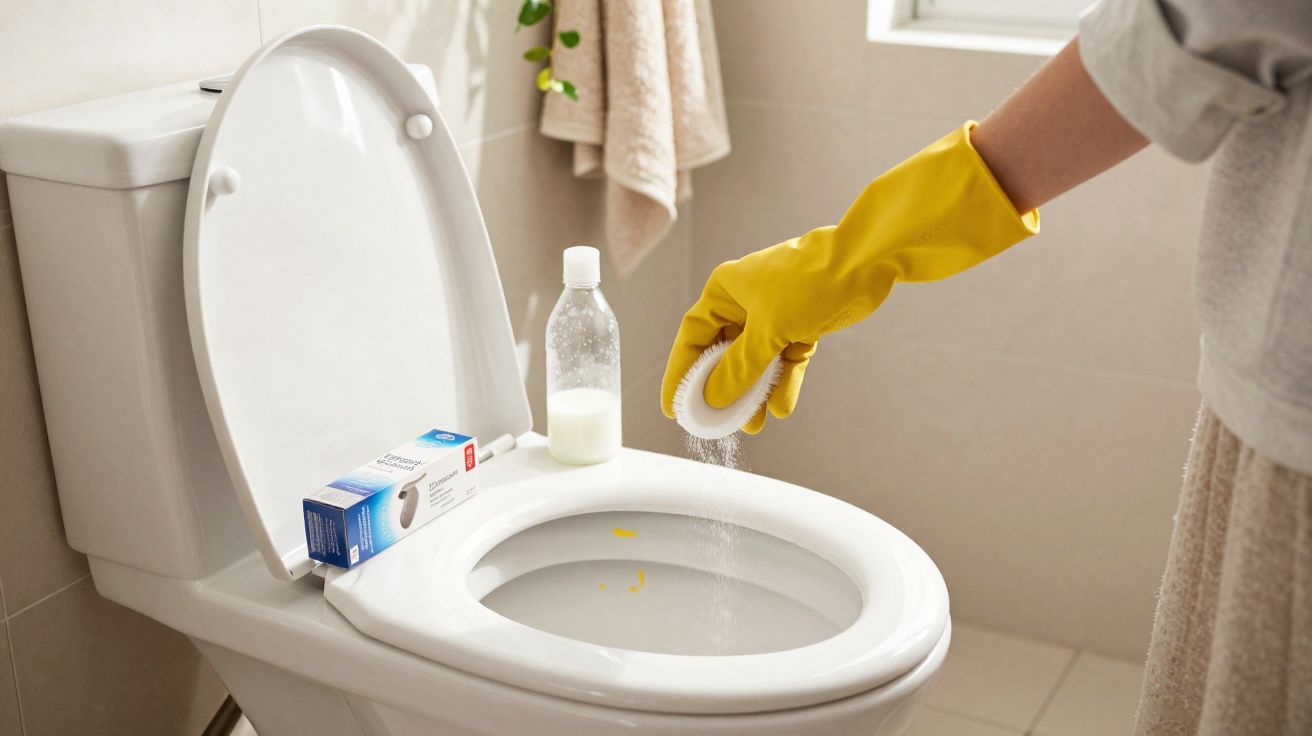 Pessoa com luva amarela a limpar sanita branca numa casa de banho com esponja branca.