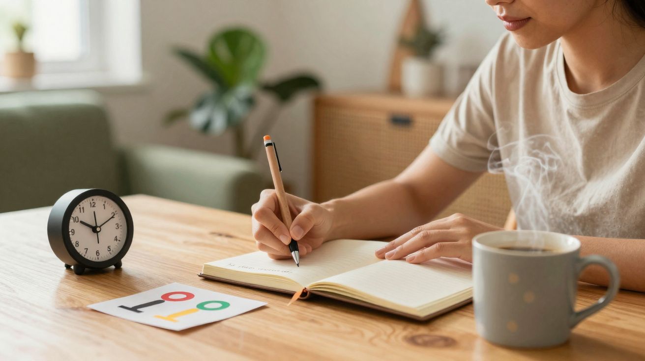 Pessoa a escrever num caderno numa mesa com relógio, folha colorida e chá quente a fumegar.