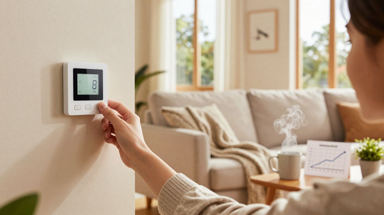 Pessoa ajusta termostato digital numa sala de estar com sofá, plantas e gráfico numa mesa de madeira.