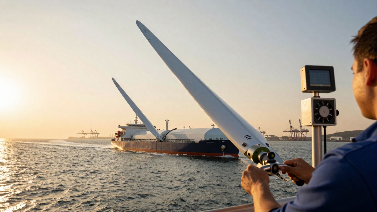 Homem ajusta hélices de turbina eólica num navio ao pôr do sol no mar.
